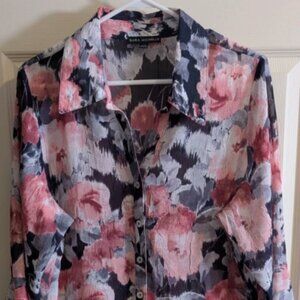 Sara Michelle Womens Plus Sz 1X Floral Pink Blue 3/4 Sleeve Button Front Blouse